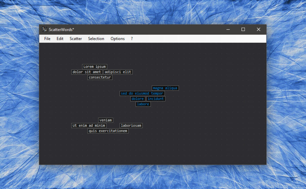 A screenshot of ScatterWords, a Windows application for non-linear text handling